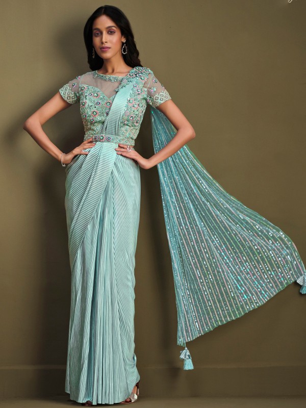 Elegant Light Aqua Blue Fancy Crystal Silk Sequins Readymade Saree